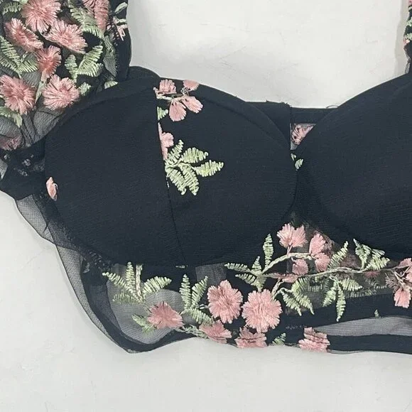 Shein Sheer Crop Top Embroidered Floral Dark Romantic Sz Small - Picture 3 of 7